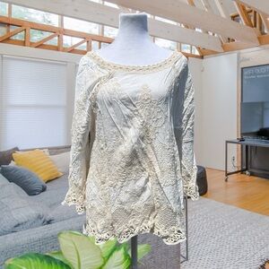 Democracy Tops 3/4 Split Bell Sleeve Crochet Lace Peasant Bohemian